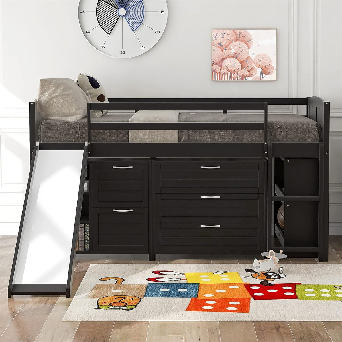 Twin Wooden Loft Bed with Slide Storage Drawers Shelves P6927