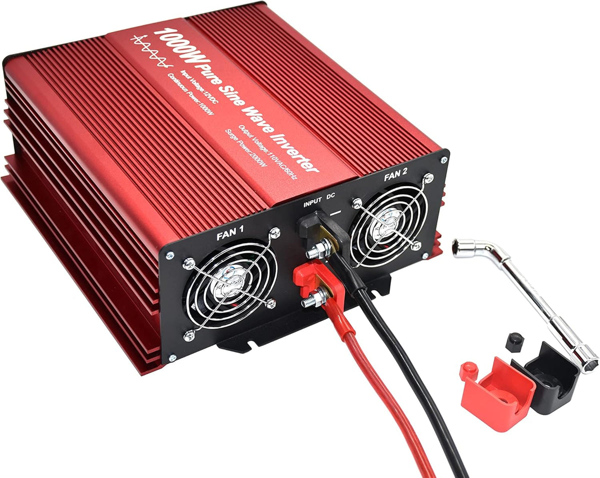 2000W Pure Sine Wave Inverter 12V to 120V AC with 2 AC Outlets, DC5V 2 Amp USB Output, LCD Wire Remote Kit and OFC Battery Cables M5196