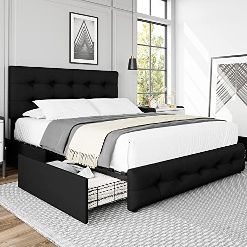 Black Queen Upholstered Platform Bed Frame with 4 Storage Drawers Q765262