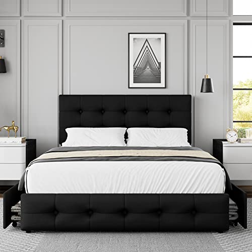 Black Queen Upholstered Platform Bed Frame with 4 Storage Drawers Q765262