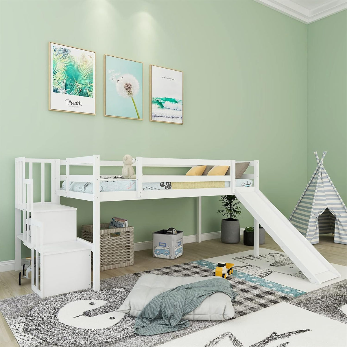 Twin Wooden Loft Bed with Slide Storage Drawers Shelves P6927