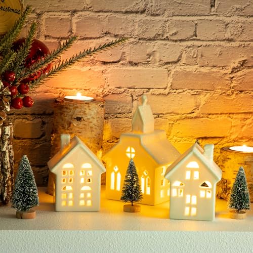 7PCS Christmas Village Sets - 3 LED Lighted Ceramic White Christmas Village Houses with Remote & 4 Trees P9499