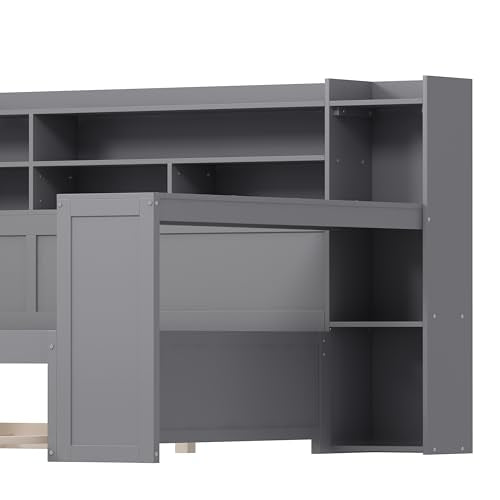 Gray Twin Corner Bed Frame with Storage Shelves and Desk Q35416