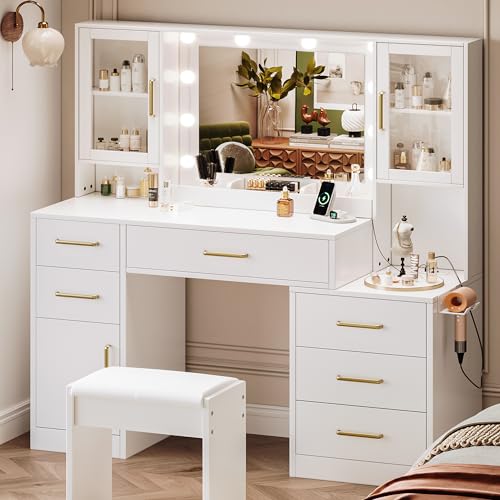 White Makeup Vanity Desk with Mirror & Lights and 5 Drawers E581653