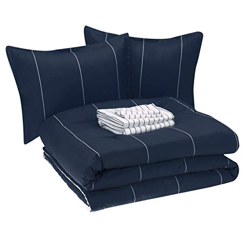 7-Piece Reversible Microfiber Bed-in-a-Bag, Full/Queen, Navy Stripe J218