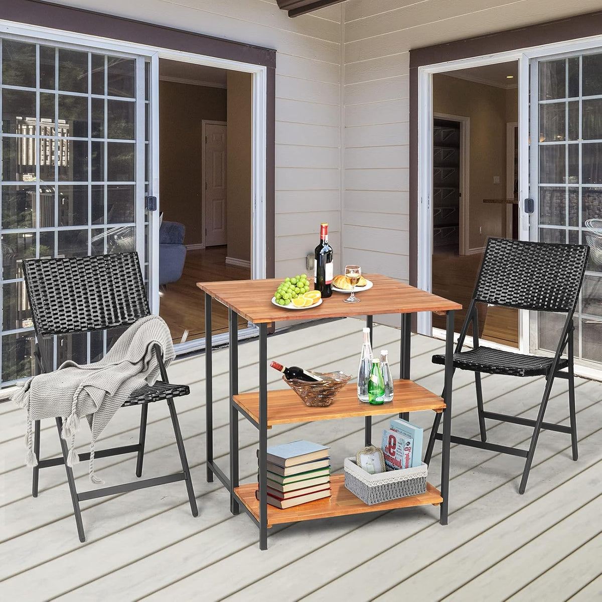 Acacia Wood Folding Patio Table with 2 Storage Shelves V15147