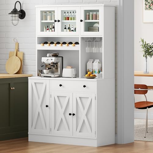 Grey Tall Kitchen Pantry Cabinet with Doors, Shelves, Drawer, Wine Rack, Power Outlet A2036
