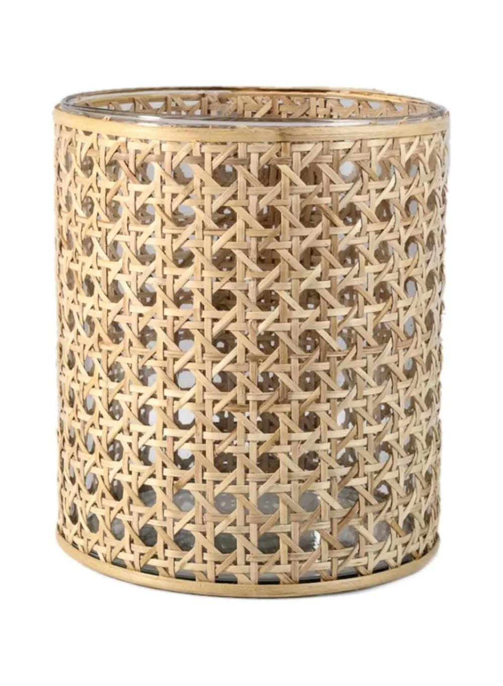 Glass Hurricane Candle Holder Wrapped in Woven Rattan Cane, 10" Tall & 5" Diameter M98695