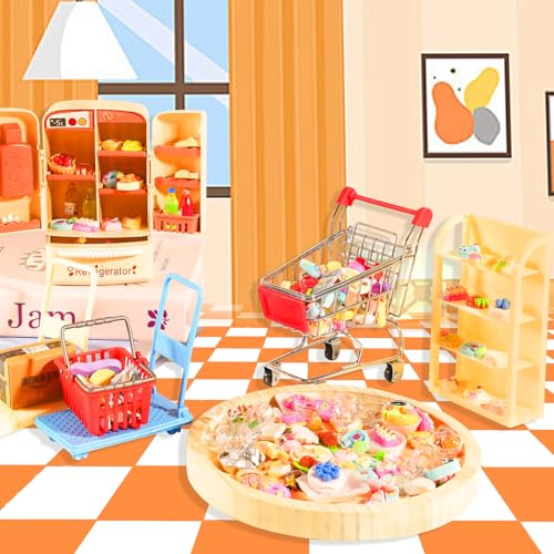 246 Pcs Mini Shopping Cart Refrigerator with Mini Food Set Metal Basket F235