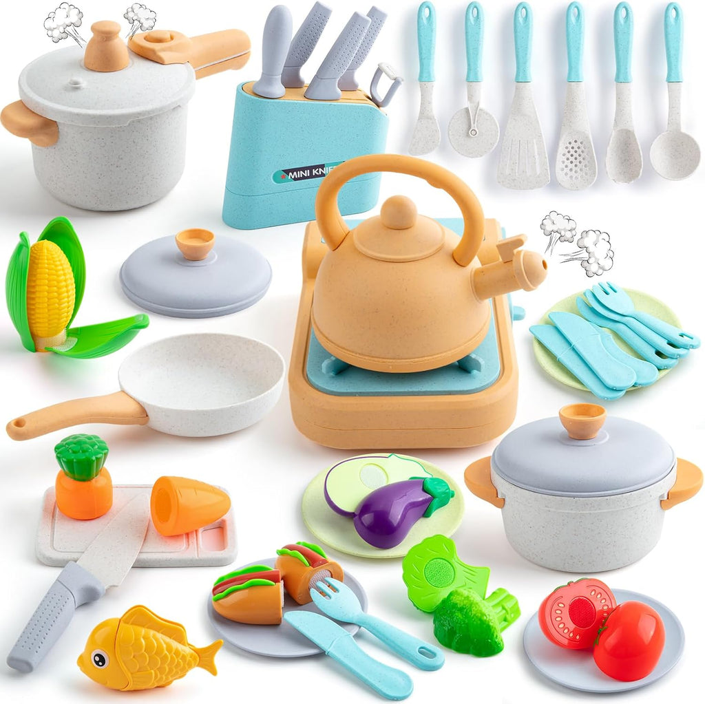 44PCS Kids Kitchen Playset Cookware Toys with Play Pots and Pans, Gas Stove with Sound & Light, Cooking Utensils W605158