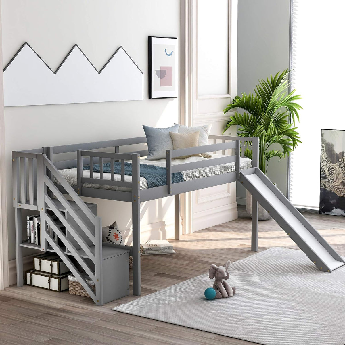 Twin Wooden Loft Bed with Slide Storage Drawers Shelves P6927