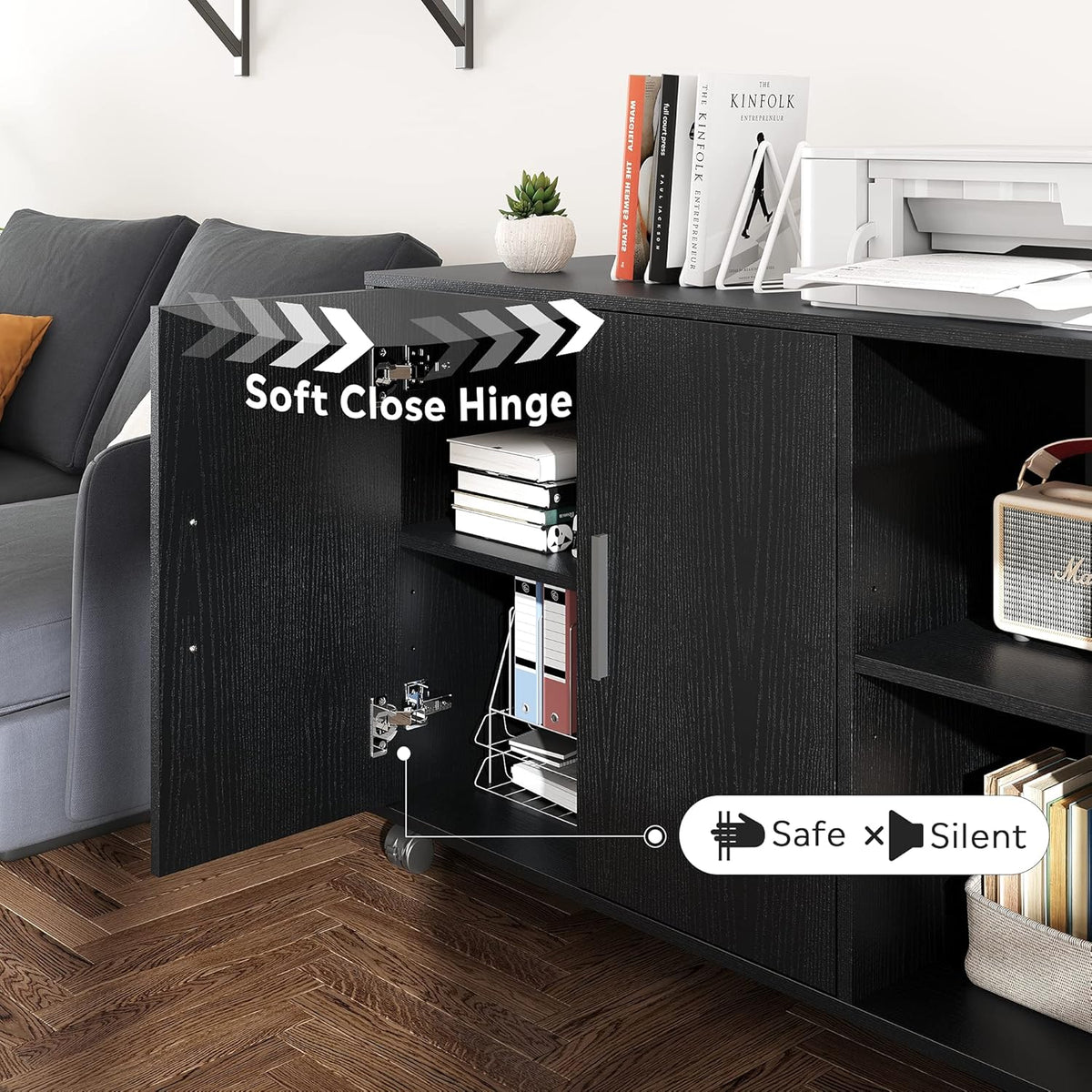 Black Wood Rolling File Cabinet with Dual Doors L10729