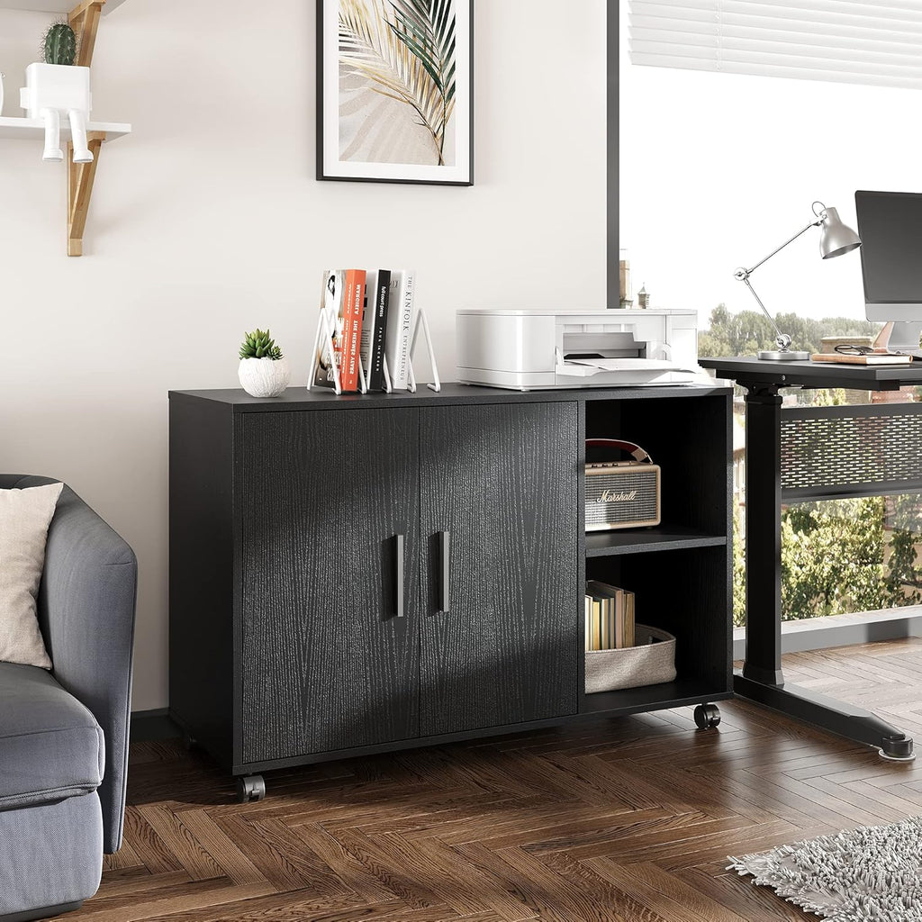 Black Wood Rolling File Cabinet with Dual Doors L10729