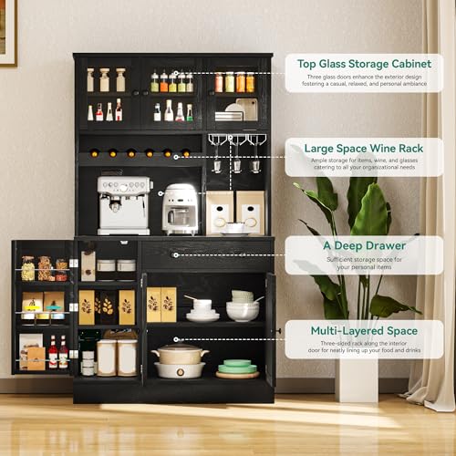 Grey Tall Kitchen Pantry Cabinet with Doors, Shelves, Drawer, Wine Rack, Power Outlet A2036