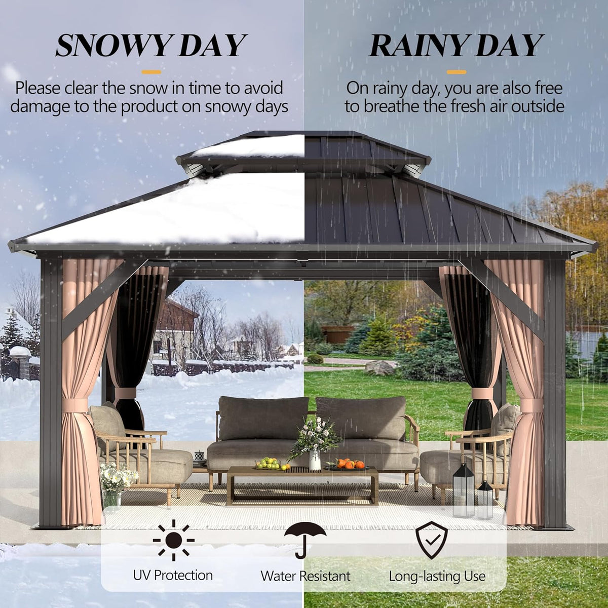 10x12FT Hardtop Gazebo with Double Roof, Heavy-Duty Galvanized Steel Top Aluminum Frame, Breathable Netting & Privacy Curtain U160
