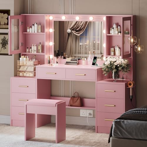 White Makeup Vanity Desk with Mirror & Lights and 5 Drawers E581653