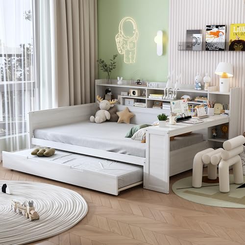 Gray Twin Corner Bed Frame with Storage Shelves and Desk Q35416