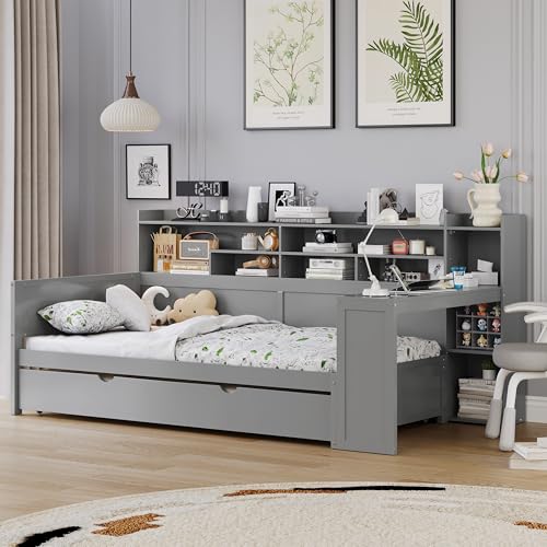 Gray Twin Corner Bed Frame with Storage Shelves and Desk Q35416
