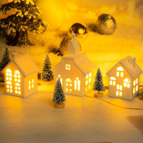 7PCS Christmas Village Sets - 3 LED Lighted Ceramic White Christmas Village Houses with Remote & 4 Trees P9499