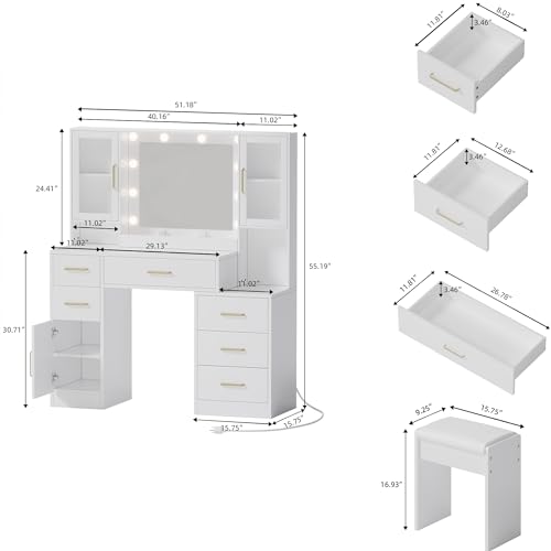 White Makeup Vanity Desk with Mirror & Lights and 5 Drawers E581653