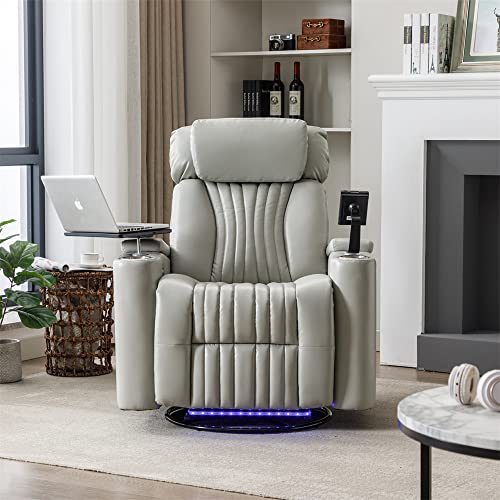 Grey PU Leather Swivel Rocker Recliner Chair with Cup Holders U658