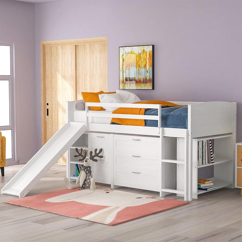 Twin Wooden Loft Bed with Slide Storage Drawers Shelves P6927