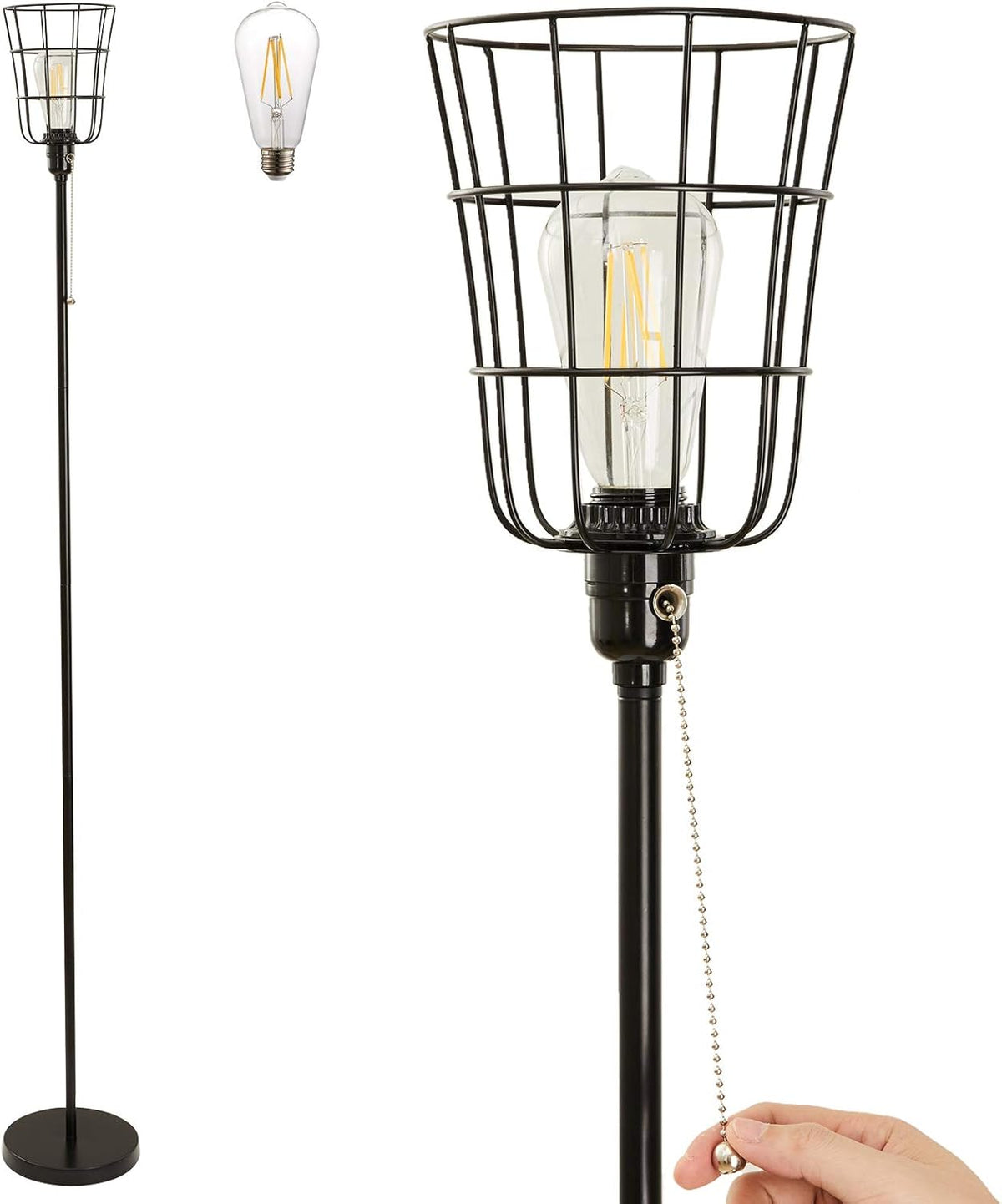 Black Industrial Floor Lamp with Metal Cage Shade F62013