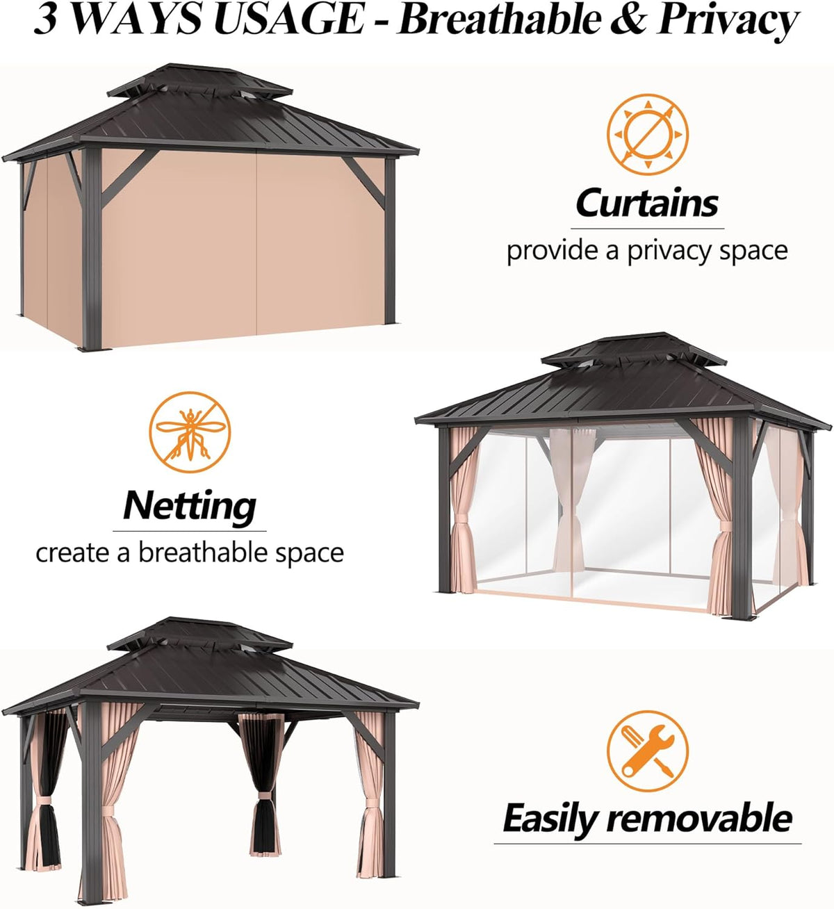 10x12FT Hardtop Gazebo with Double Roof, Heavy-Duty Galvanized Steel Top Aluminum Frame, Breathable Netting & Privacy Curtain U160