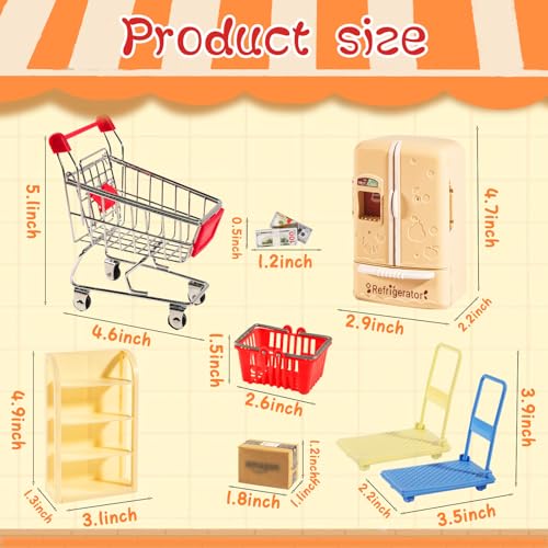 246 Pcs Mini Shopping Cart Refrigerator with Mini Food Set Metal Basket F235