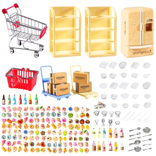 246 Pcs Mini Shopping Cart Refrigerator with Mini Food Set Metal Basket F235