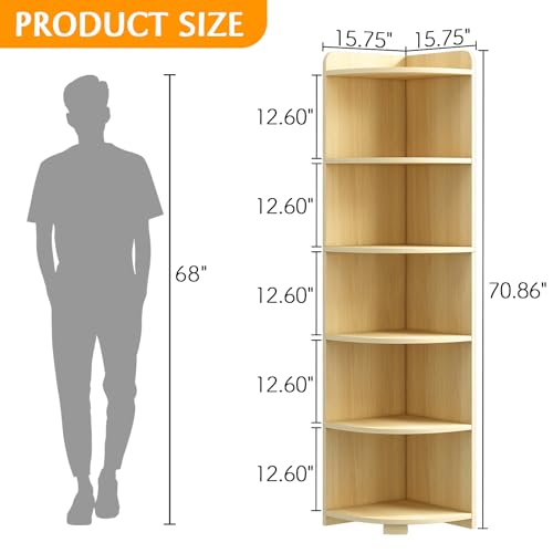 6-Tier Open Corner Shelf Tall Wooden Floor Standing Bookshelf Oak X524254