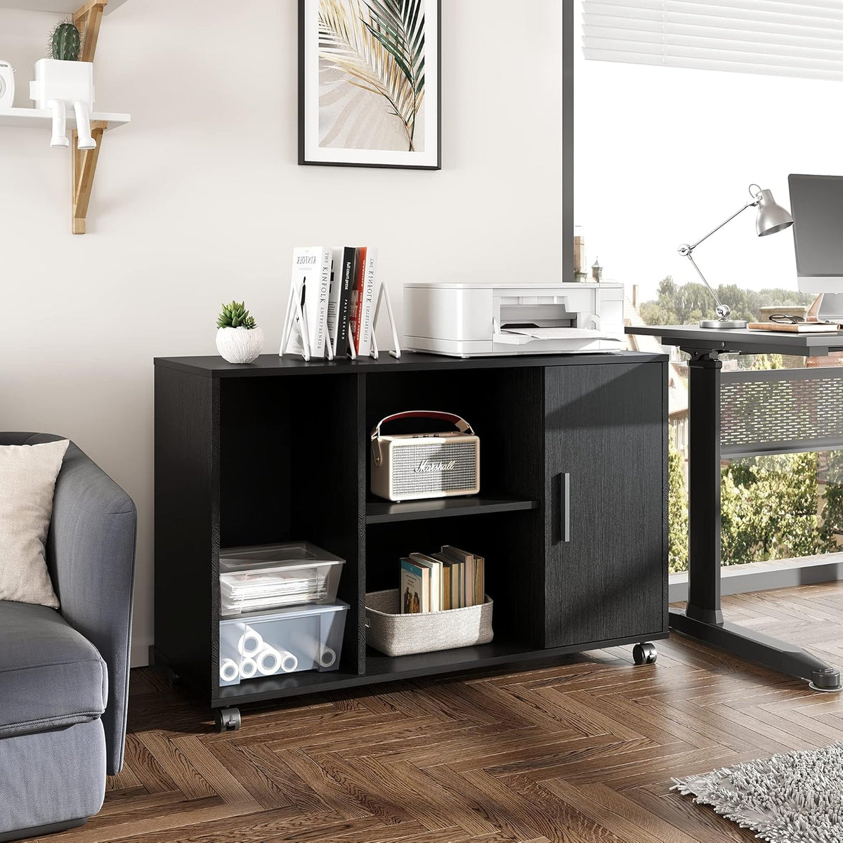 Black Wood Rolling File Cabinet with Dual Doors L10729