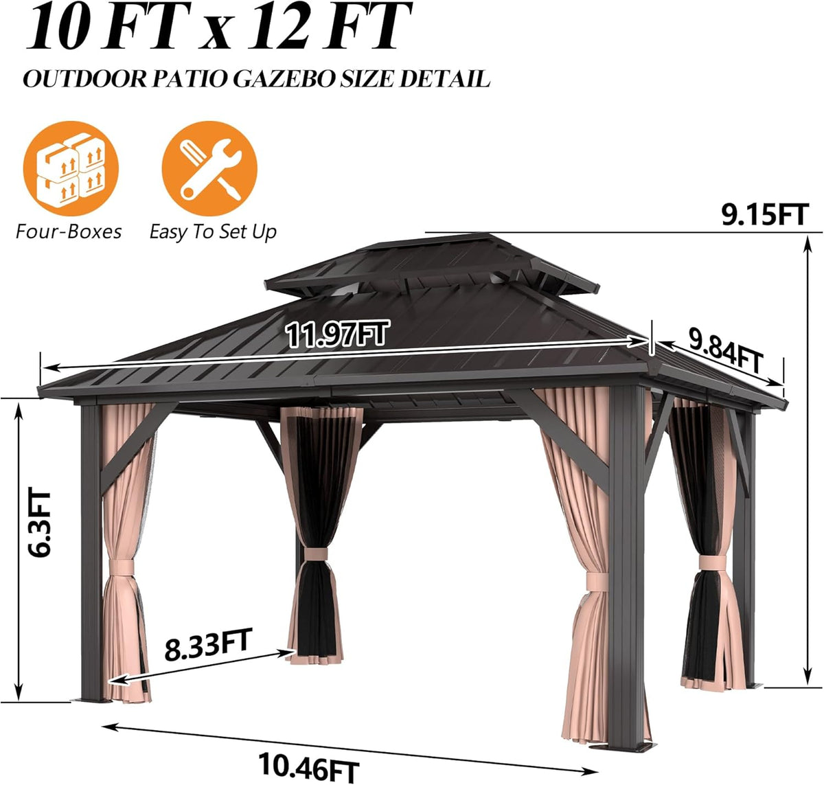 10x12FT Hardtop Gazebo with Double Roof, Heavy-Duty Galvanized Steel Top Aluminum Frame, Breathable Netting & Privacy Curtain U160