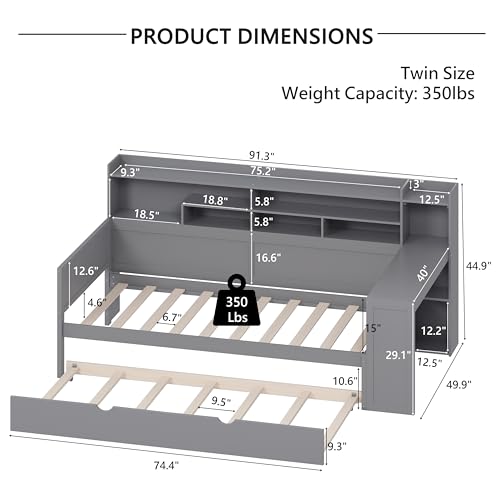 Gray Twin Corner Bed Frame with Storage Shelves and Desk Q35416