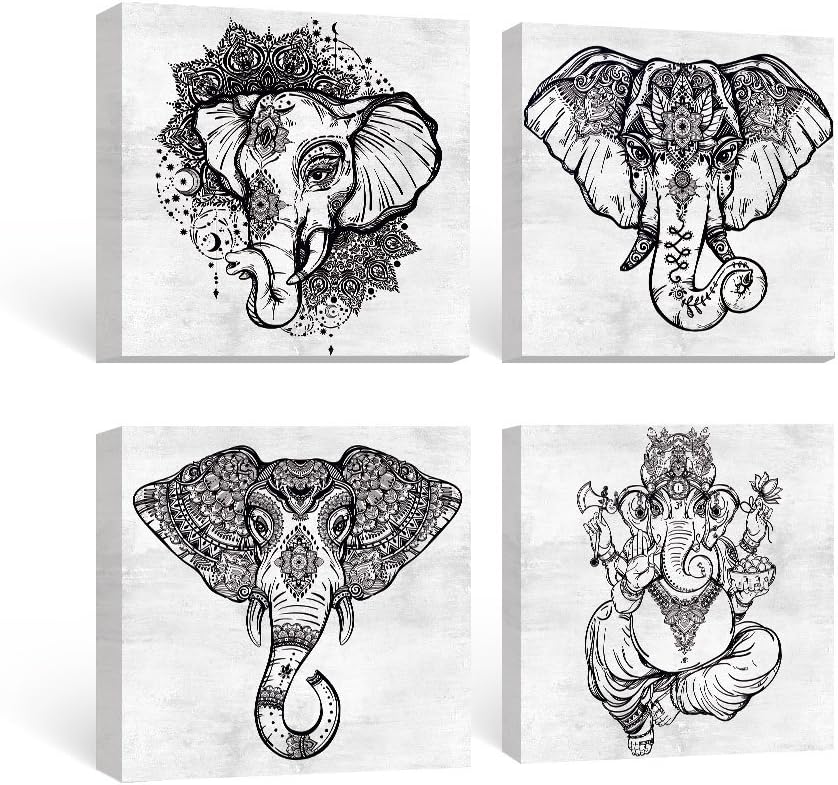 Black and White Elephant Mandala Canvas Wall Art Set 4 Panel 12x12 inches F5445