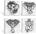 Black and White Elephant Mandala Canvas Wall Art Set 4 Panel 12x12 inches F5445