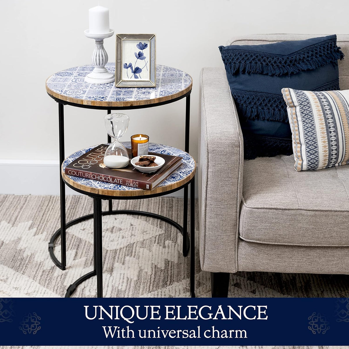 Blue and White Set of 2 Side Tables with Metal Frame and Wooden Top W8964