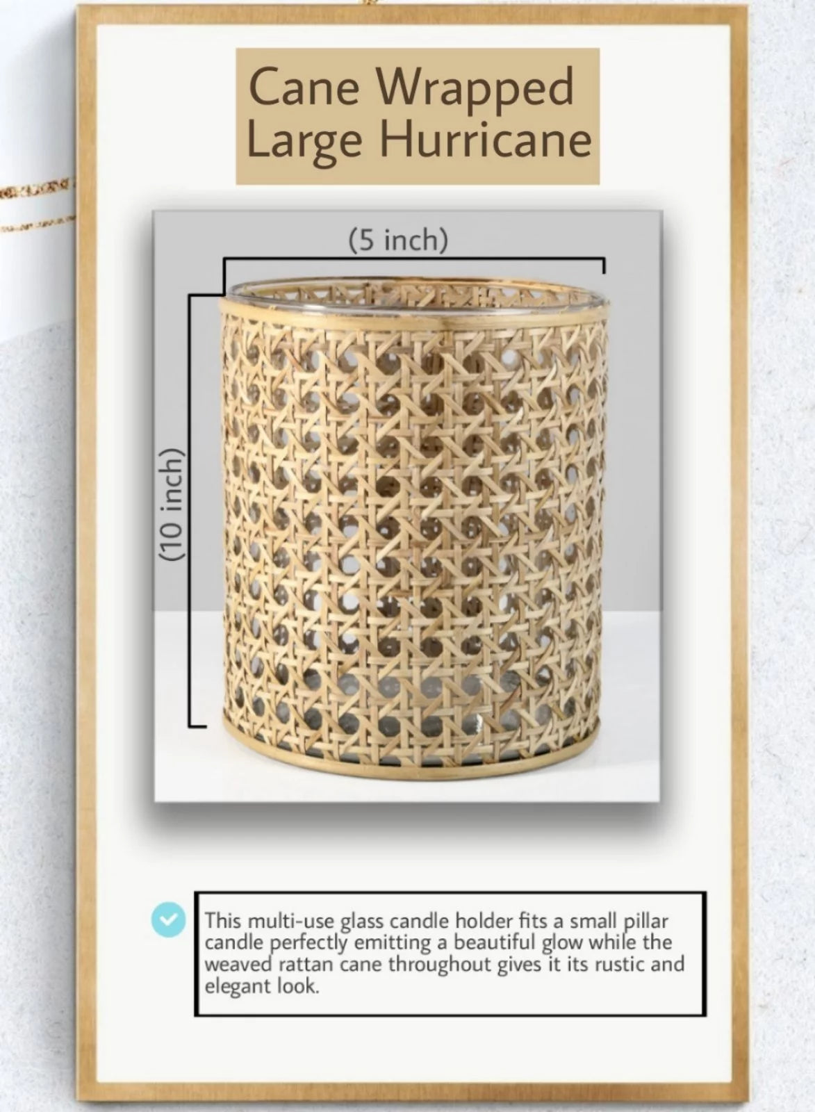 Glass Hurricane Candle Holder Wrapped in Woven Rattan Cane, 10" Tall & 5" Diameter M98695