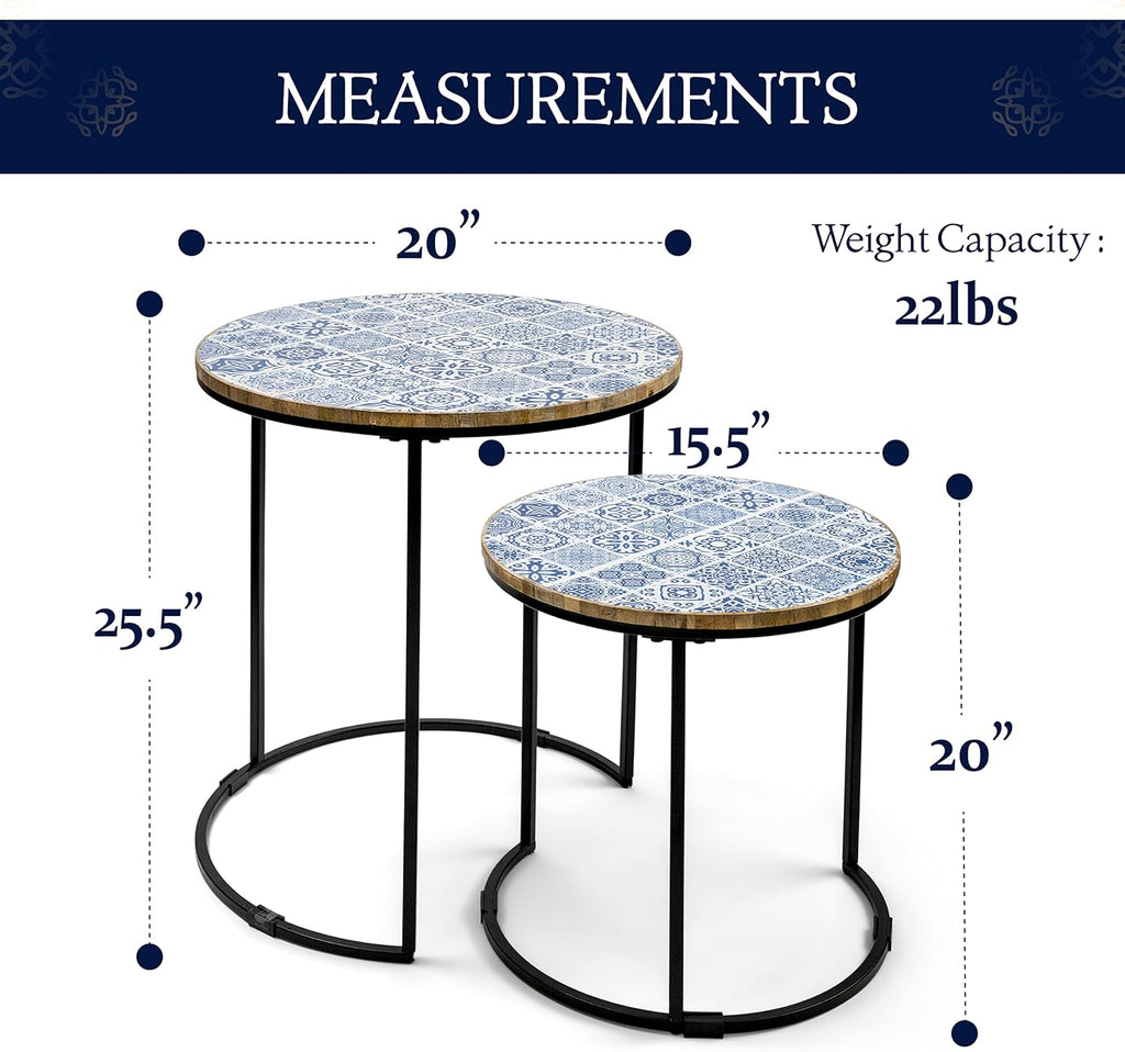 Blue and White Set of 2 Side Tables with Metal Frame and Wooden Top W8964