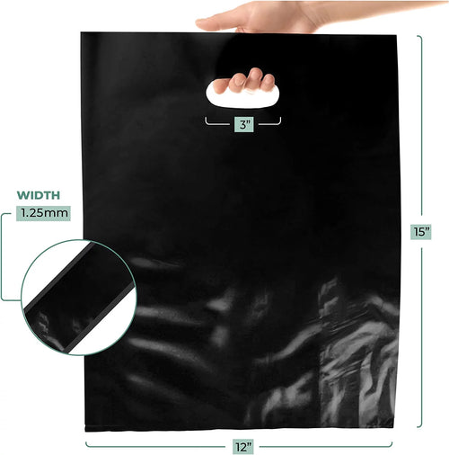 12" x 15" 1.25 mil Black Glossy Plastic Retail Bags 1000 Pack Y649659