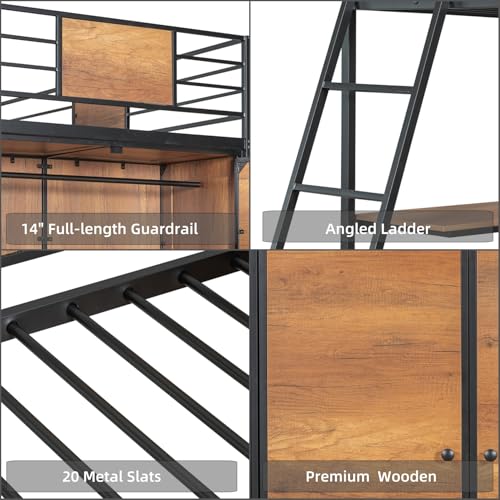 Twin Size Metal Wood Loft Bed Frame with Desk Stairs Storage Wardrobe A116