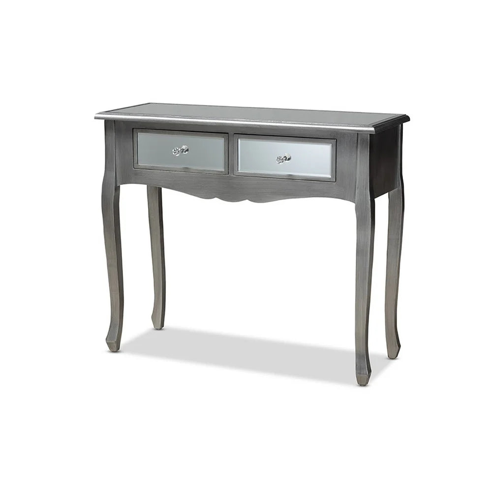 Brushed Wood and Mirrored Glass 2-Drawer Console Table J32661