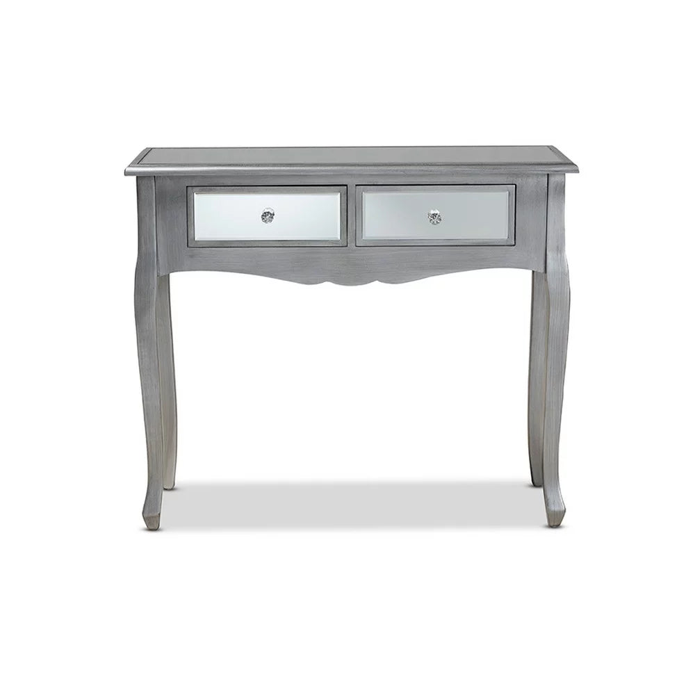 Brushed Wood and Mirrored Glass 2-Drawer Console Table J32661