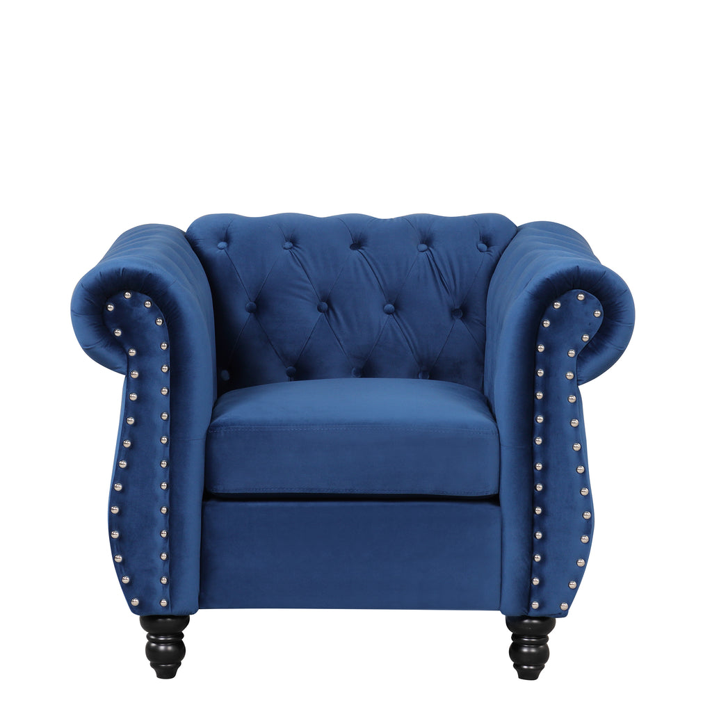 Blue Plush Upholstered Sofa with Solid Wood Legs Y818820