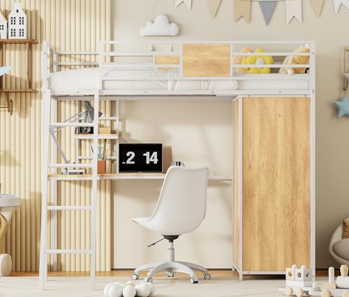 Twin Size Metal Wood Loft Bed Frame with Desk Stairs Storage Wardrobe A116