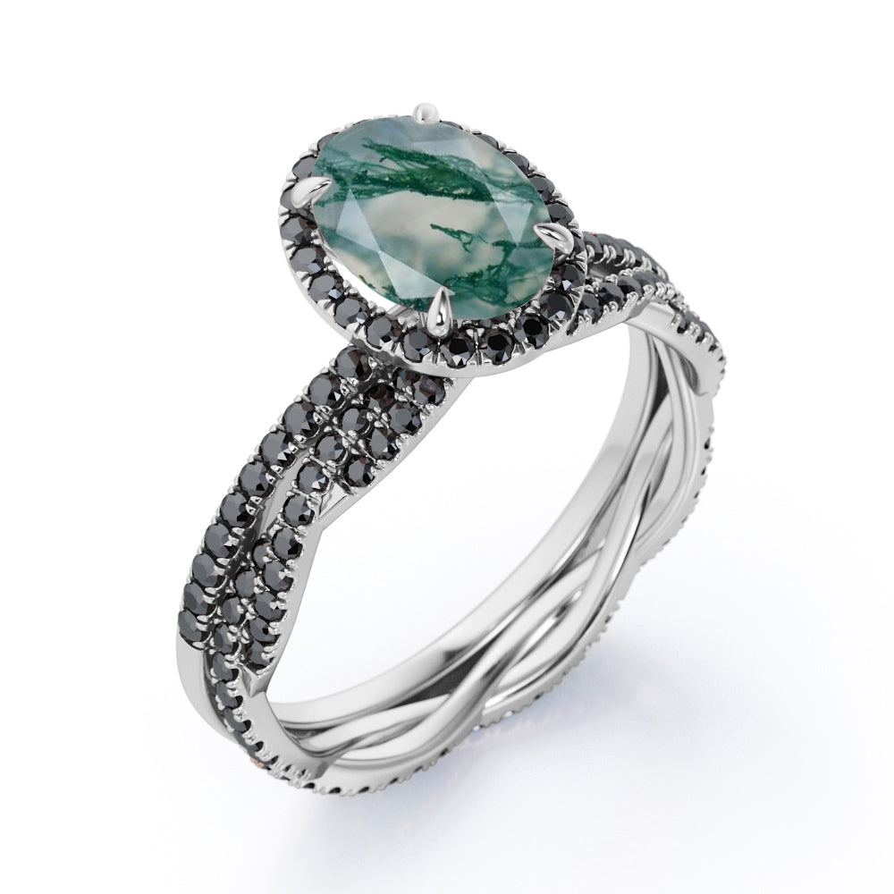 18K Gold over Silver Oval-Shaped Moss Green Agate Bridal Set O57194