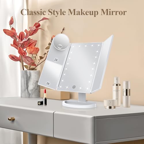 White Trifold Makeup Mirror with Lights W271