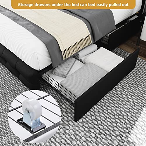 Black Queen Upholstered Platform Bed Frame with 4 Storage Drawers Q765262