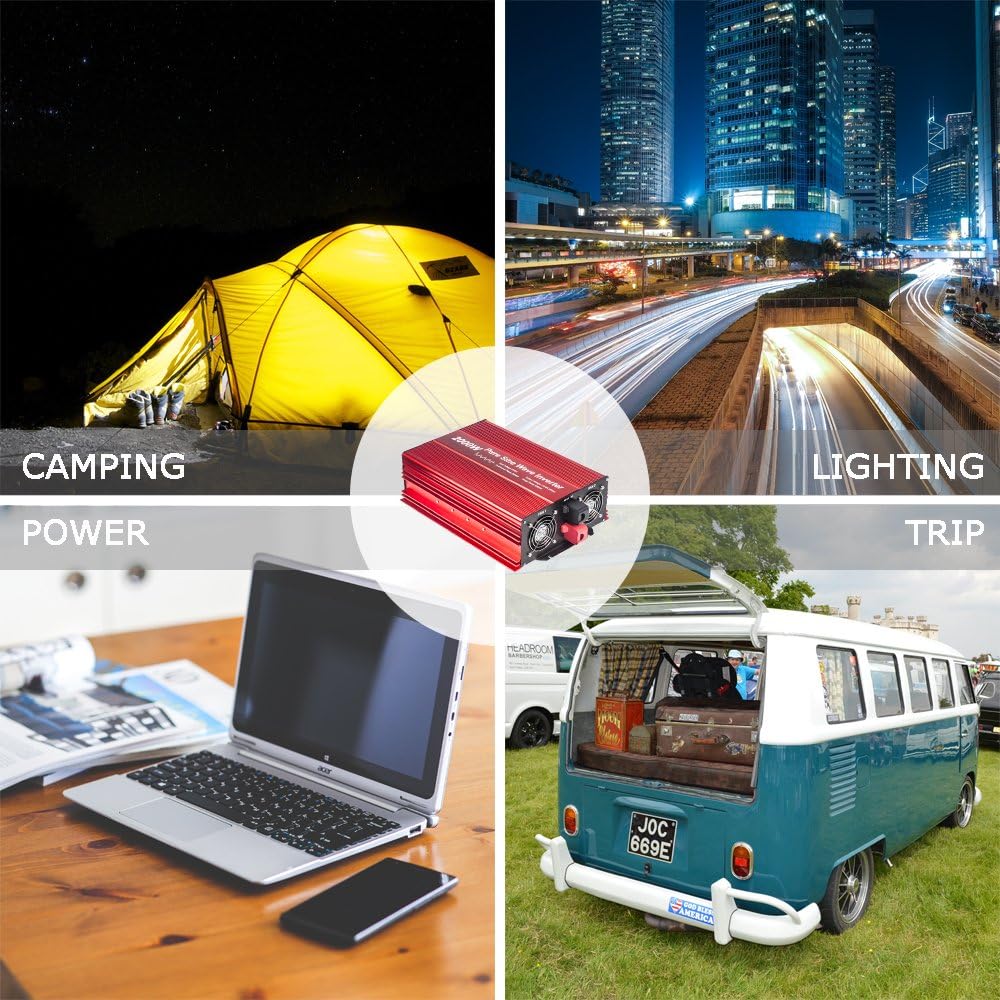 2000W Pure Sine Wave Inverter 12V to 120V AC with 2 AC Outlets, DC5V 2 Amp USB Output, LCD Wire Remote Kit and OFC Battery Cables M5196