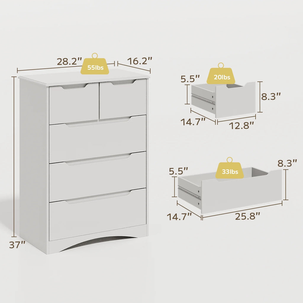 White 5 Drawer Wood Dresser J44669
